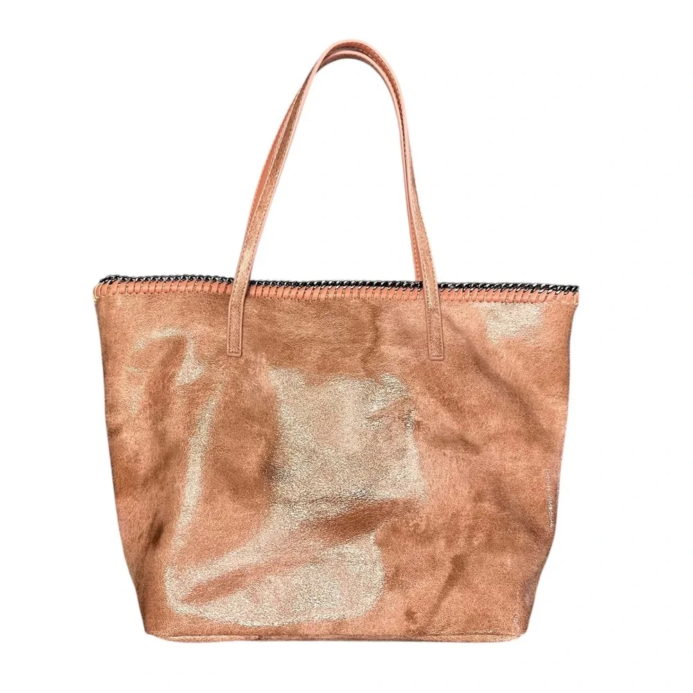 Chico's Marbled Faux Leather Large Tote Bag Blush Tan Brown Metal Chain Trim NEW